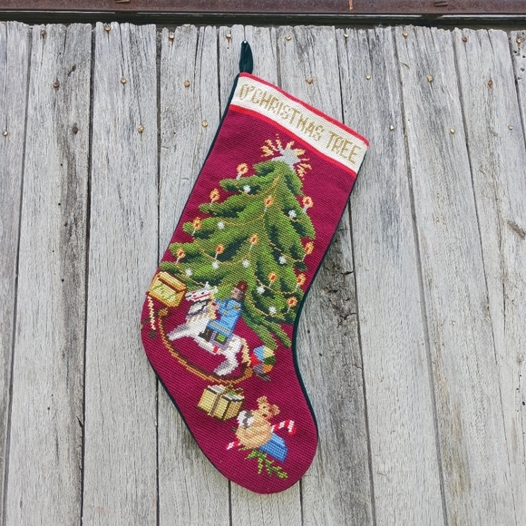 Other - Vtg Needlepoint Christmas Holiday Stocking “O‎ Christmas Tree” Green Velvet Back